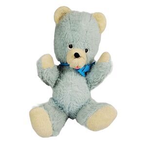 Vintage Teddy Bear Plush Blue Moveable Arms Head Bow Tongue Out Stuffed Animal